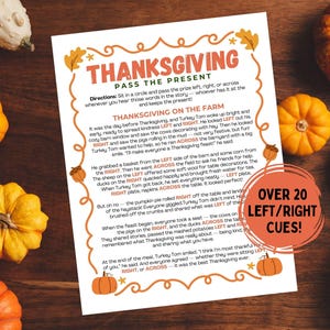 Op de afbeelding: Thanksgiving-spel met pompoenen en een bedrukt vel. Het vel bevat de titel "Thanksgiving Pass the Present" en instructies voor een spel met de aanwijzingen "links", "rechts" en "over". De afbeelding bevat verschillende pompoenen.