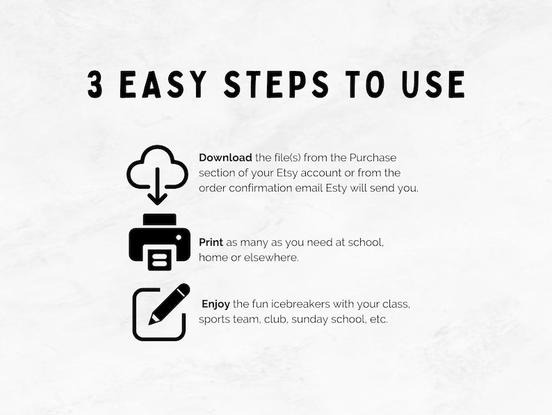 Puede incluir: Fondo blanco con texto e iconos negros que ilustran tres pasos: descargar de Etsy, imprimir en casa o en la escuela y disfrutar de rompehielos con tu clase o equipo. El texto dice "3 PASOS F&Aacute;CILES DE USAR".