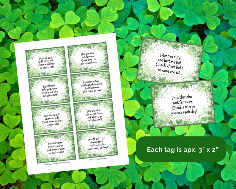 Clue Tag Leprechaun Scavenger Hunt Clues, St. Patricks Day Treasure Hunt Riddles ...