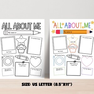 Puede incluir: Dos hojas de trabajo imprimibles "All About Me", una en blanco y negro y otra en color. Cada hoja tiene espacios para escribir sobre la familia, las cosas favoritas y m&aacute;s. El tama&ntilde;o es US Letter (21,6 cm x 27,9 cm).