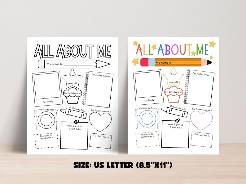 Puede incluir: Dos hojas de trabajo imprimibles "All About Me", una en blanco y negro y otra en color. Cada hoja tiene espacios para escribir sobre la familia, las cosas favoritas y m&aacute;s. El tama&ntilde;o es US Letter (21,6 cm x 27,9 cm).