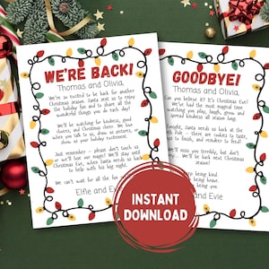 Może przedstawiać: Dwie świąteczne karty do druku. Jedna mówi "WE'RE BACK!", a druga "GOODBYE!". Obie karty mają girlandę lampek choinkowych i czerwone koło z napisem "INSTANT DOWNLOAD".