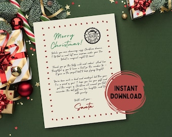 May include: A festive cream-coloured letter with the greeting "Merry Christmas!" and a Santa Claus seal. The letter features a handwritten message and red dot border. A red circle with "Instant Download" is on the right.