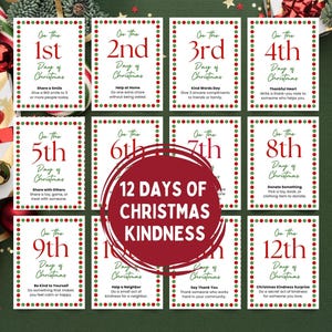 May include: A set of twelve Christmas kindness cards with red and green borders. Each card features a different act of kindness, such as sharing a smile or helping a neighbor. The cards are arranged on a green background with Christmas decorations.