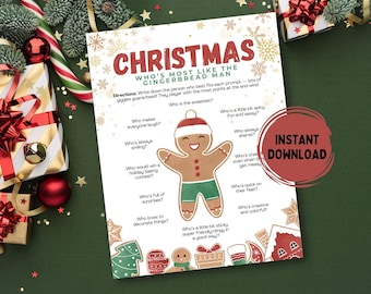 Who's Most Like The Gingerbread Man, Funny Christmas Game, Printable Family Friendsmas Activity, Holiday Game for Kids, Teens and Adults