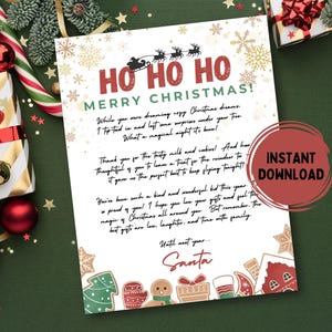 May include: A festive Christmas letter with the words "HO HO HO MERRY CHRISTMAS!" in red. The letter includes a message from Santa, snowflakes, and holiday illustrations. A red circle with the words "INSTANT DOWNLOAD" is on the right.