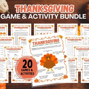 May include: Thanksgiving game and activity bundle featuring 20 games and activities. The bundle includes various printable games such as mazes, trivia, and word searches. The design incorporates orange and brown colors with pumpkin and leaf illustrations.