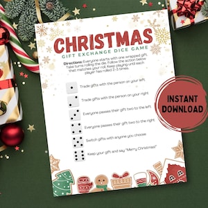 May include: A Christmas Gift Exchange Dice Game printable. The white game sheet features instructions and dice roll actions. The words "CHRISTMAS GIFT EXCHANGE DICE GAME" are at the top. A red circle says "INSTANT DOWNLOAD".