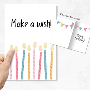 Carte d'anniversaire à imprimer, empreinte digitale, faire un vœu, carte d'enfants, carte d'enfant à faire soi-même, activité d'anniversaire, créations d'anniversaire pour enfants