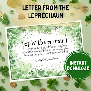 Letter from the Lucky the Leprechaun, St. Patrick's Day Note for kids, Printable St. Pattys Day Magic