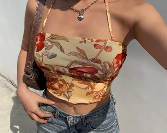 Camiseta Floral transparente de malla Y2k para mujer, Tops Vintage con cuello Halter de los años 90, Top corto ajustado sin mangas para mujer, ropa de calle Harajuku estética Vintage de los años 2000