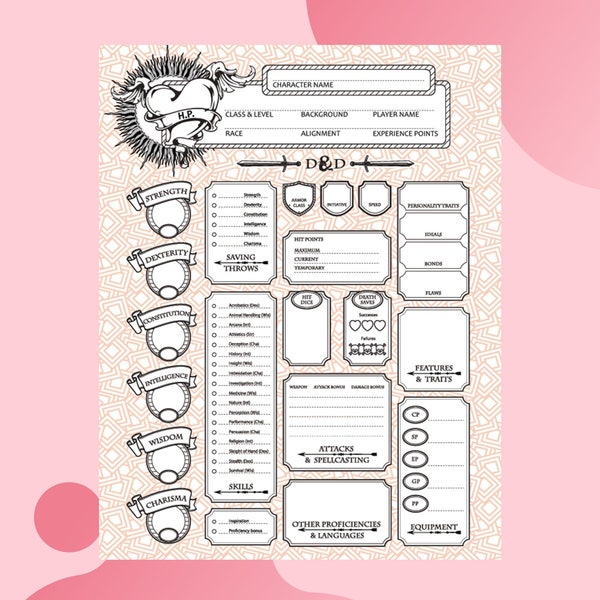 Magical DnD Gift for Him: Pink 5e Character Sheet for Epic Adventures!