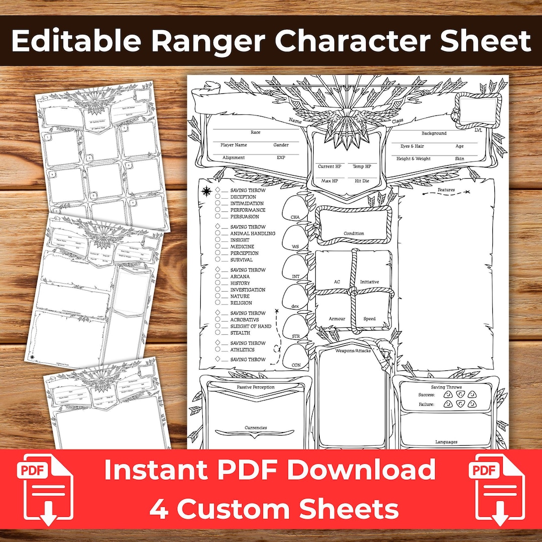 Ranger Character Sheet PDF – Editable Black & White Printable - Etsy