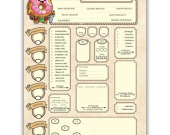 Food-Themed DnD 5e Character Sheet , 4-Page Custom RPG PDF for Unique Play.