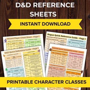 Puede incluir: Hojas de referencia de D&D imprimibles con información sobre hechizos, tipos de daño, moneda, condiciones, puntuaciones de habilidad y acciones de combate. El texto "D&D REFERENCE SHEETS INSTANT DOWNLOAD" está en la parte superior y "PRINTABLE CHARACTER CLASSES" en la inferior.