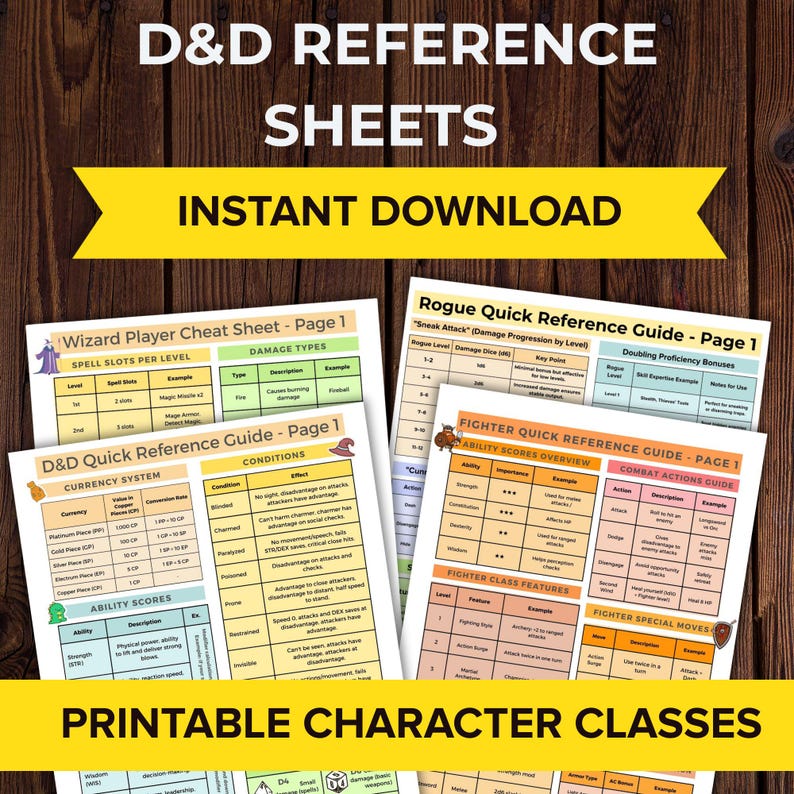 Pu&ograve; includere: Fogli di riferimento D&D stampabili con informazioni su incantesimi, tipi di danno, valuta, condizioni, punteggi di abilit&agrave; e azioni di combattimento. Il testo "D&D REFERENCE SHEETS INSTANT DOWNLOAD" &egrave; in alto e "PRINTABLE CHARACTER CLASSES" in basso.