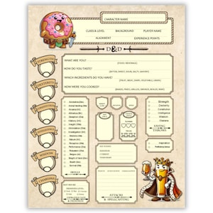 May include: A printable Dungeons & Dragons character sheet featuring a donut character with a crown and sword. The sheet includes sections for character name, class, level, alignment, background, player name, experience points, strength, dexterity, constitution, intelligence, wisdom, charisma, hit points, saving throws, skills, attacks, and spellcasting.