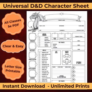 Universal D&D Character Sheet PDF (Letter Size) – All Classes 5e RPG Player Tracker