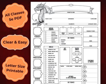 Universeel D&D-tekenblad pdf (lettergrootte) – alle klassen 5e RPG-spelertracker