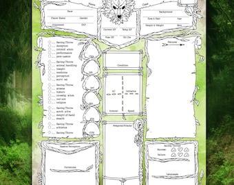Ficha de Personagem de Druida 5e em PDF Editável e Preenchível | D&D com Tema da Natureza para Jogadores e Mestres