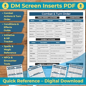 May include: A digital download of a DM screen insert PDF. The image shows a combat and turn order chart, conditions and effects guide, initiative and HP tracker, spells and magic reference, and NPC and encounter tools.