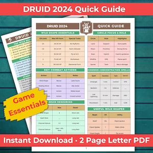 May include: A detailed game guide titled "DRUID 2024 Quick Guide" with various tables and charts. The guide includes sections on wild shape essentials, combat actions, and common concentration spells. The document is labeled "Game Essentials" and is available as an instant download.