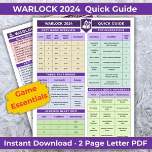 Op de afbeelding: Een snelle gids voor Warlock 2024, met tabellen met overzichten van pactmagie, invocaties en snelle patronenverwijzingen. Bevat game essentials en Eldritch Blast info. Het document is een 2 pagina's tellende PDF in Letter-formaat.