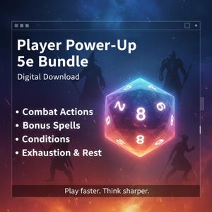 Może przedstawiać: Grafika do pobrania cyfrowego dla Player Power-Up 5e Bundle. Obraz przedstawia świecącą, wieloaspektową kostkę z widocznymi liczbami 2, 5, 6, 8 i 9. Tekst zawiera "Combat Actions", "Bonus Spells", "Conditions" i "Exhaustion & Rest."