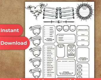 Crea tu próximo héroe con esta hoja de personaje imprimible de D&D 5e para Dungeons and Dragons (descarga digital)