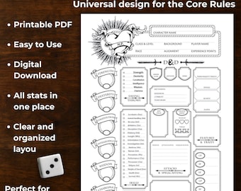 D&D 5e-tekenblad pdf: universeel ontwerp voor basisregels (digitale download)