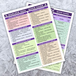 Op de afbeelding: Een stapel van drie gedrukte snelgidsbladen voor een tabletop-rollenspel. De bladen zijn wit met paarse en groene tekst, met details over warlock-buffs, pact-wapentrucs en spell-slotbeheer.