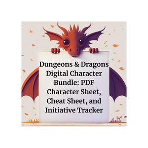 Könnte beinhalten: Ein digitales Charakterbogen-Paket für Dungeons & Dragons mit einer Illustration eines roten Drachen. Das Paket enthält einen Charakterbogen, einen Spickzettel und einen Initiative-Tracker.