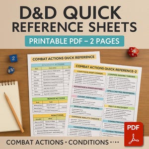 May include: Printable D&D Quick Reference Sheets with the text "Printable PDF - 2 Pages". The image shows two reference sheets, dice, a notepad, and a pencil. The sheets include combat actions and conditions.