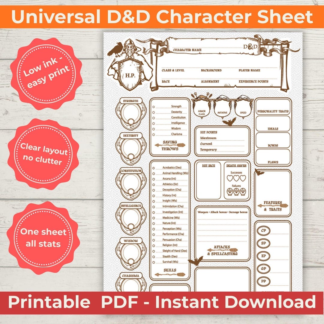 Play With a Clean Classic Dnd Character Sheet PDF Designed for Easy ...