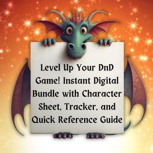 Könnte beinhalten: Ein grüner Comic-Drache mit roten Flügeln hält ein weißes Schild mit der Aufschrift "Level Up Your DnD Game! Instant Digital Bundle with Character Sheet, Tracker, and Quick Reference Guide".