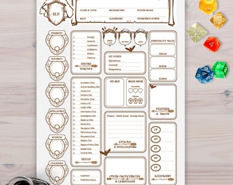 Ficha de personagem Dnd PDF para impressão 5e para jogadores e DMs – Rastreador de RPG não editável