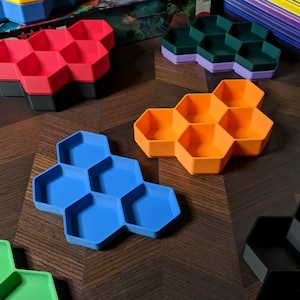 Stackable Board Game Token Tray, 5 Bin Hexagonal Player Trays and Resource Banks for Board Games, Short and Tall variants
