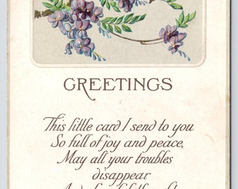 Antique Postcard, Purple Flower Greetings Poem, 1910s Embossed Postcard