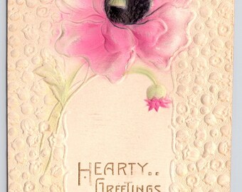 Antique Postcard, Hearty Greetings, Pink Rose, 1910s Heavily Embossed Postcard