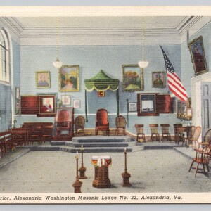Antique Postcard, Alexandria Washington Masonic Lodge no. 22, interior view, Alexandria Virginia, Posted 1946