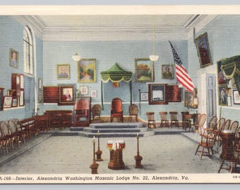 Antique Postcard, Alexandria Washington Masonic Lodge no. 22, interior view, Alexandria Virginia, Posted 1946