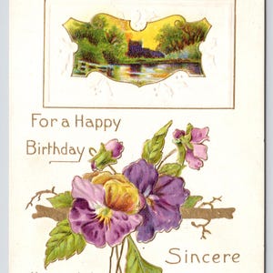 Antique Birthday Postcard, Sincere Greeting for a Happy Birthday, purple flower, 1910s Embossed Postcard