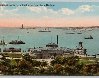 Antique Postcard, Aquarium in Battery Park & Boats in New York Harbor, Manhattan NYC New York, Posted 1919