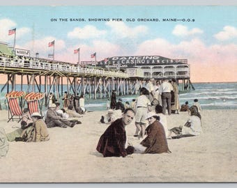 Antique Postcard, Beachgoers on the Sands, Showing Pier & Casino, Old Orchard Beach Maine, Posted 1946