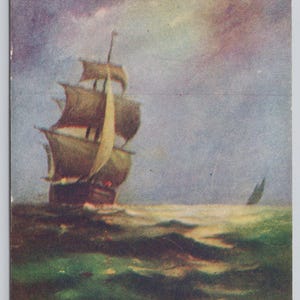 Antique Postcard, Sailing Ship at Sea, Dark Ocean, Moonlight, Tall Ship Painting Postcard, 1910s Unposted