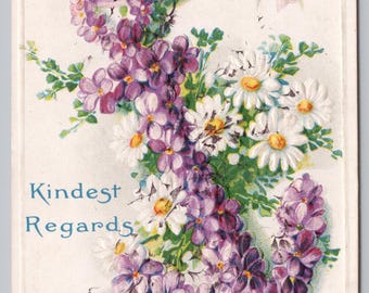 Antique Postcard, Kindest Regards, White & Purple Flowers, 1912 Embossed Postcard