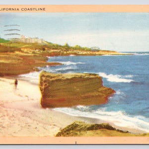 Antique Postcard, California Coastline, Pacific Ocean, Rocks on Beach in California, Posted 1945