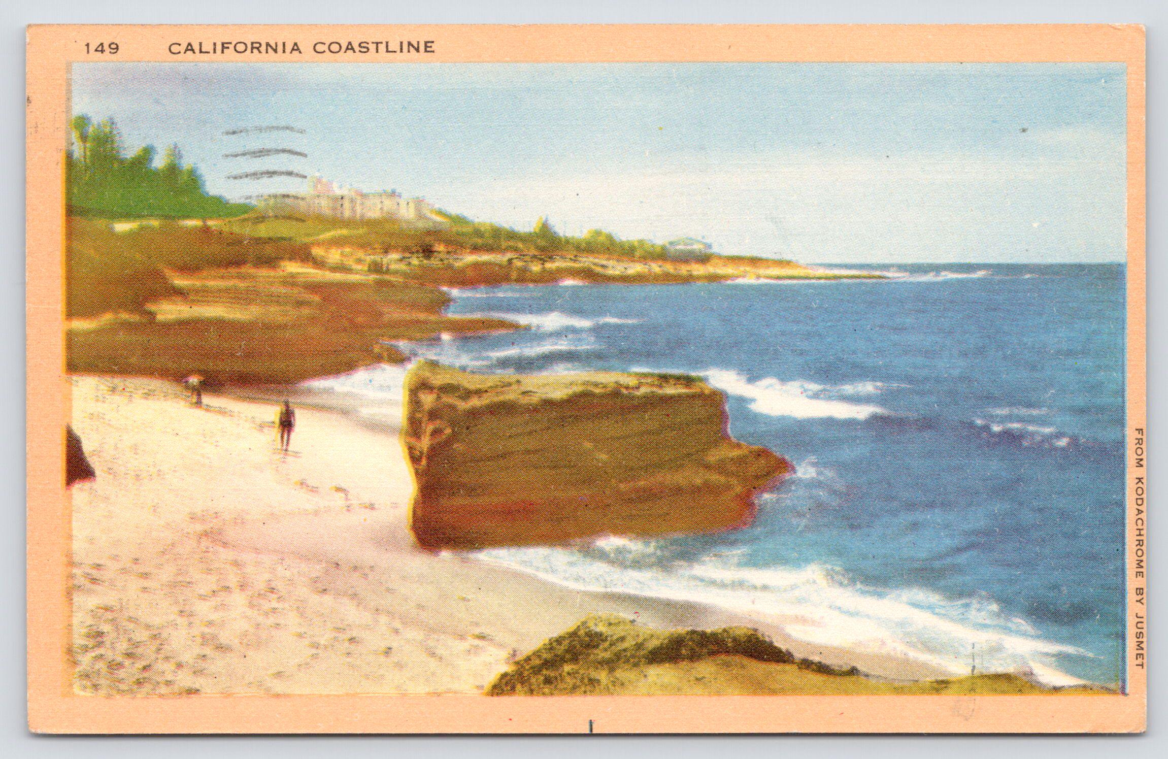 西海岸様 Antique Postcard, California Coastline, Pacific Ocean, Rocks on