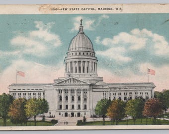 Antique Postcard, New State Capitol Building, Madison Wisconsin, White Border Postcard, Posted 1918