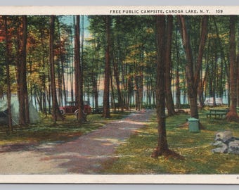 Antique Postcard, Free Public Campsite, Caroga Lake New York, White Border Postcard, Posted 1934